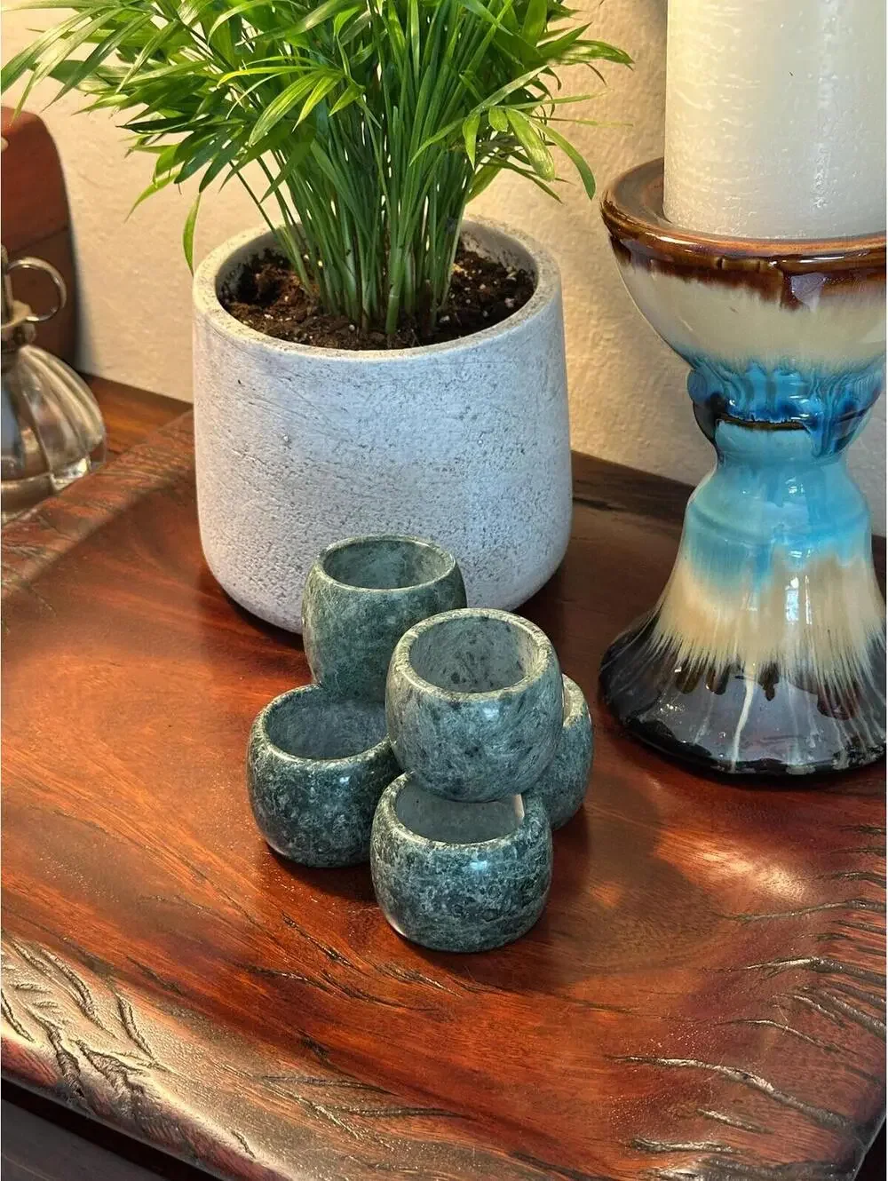 Set of 6 Vintage Agate Stone Napkin Rings - Polished Green Natural Marbled Decor